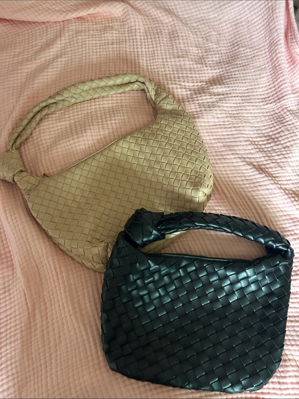 Woven Hobo Shoulder Bag - Cream and Dark Green